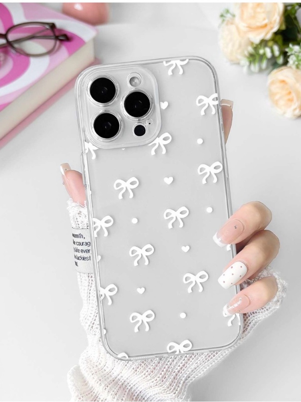 iPhone 15Pro clear case w/cute white heart 🤍 bowknot 🎀 design -durable soft case